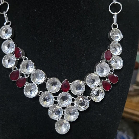 Quarts & garnet sterling silver bib necklace - Picture 6 of 12